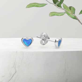 Tiny Sterling Silver Blue Opal Heart Stud Earrings, 2 of 6