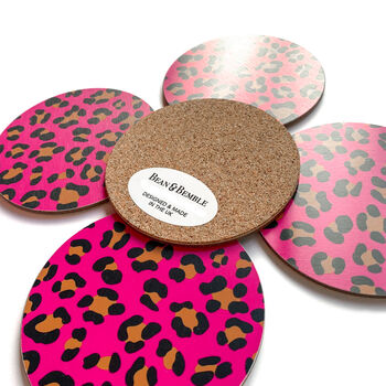 Pink Leopard Print Coasters Set Round Heat Resistant, 7 of 7