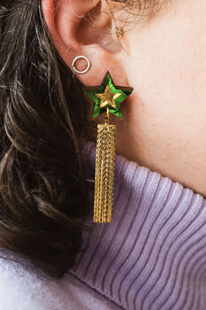 Shooting Star Statement Earrings, Celestial Acrylic Gold Tassel Jewellery, 4 of 5