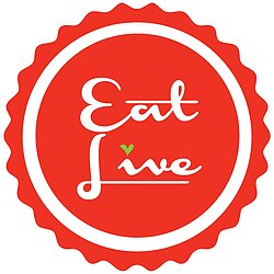 A red stamp with business name 'Eat Live' inside, a leaf instead of . over the 'i'