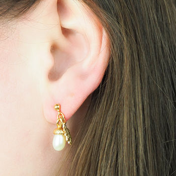 Pearl Acorn Earrings With Oak Leaves, 3 of 6