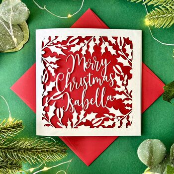 Holly Papercut Personalised Christmas Card, 2 of 5