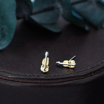Tiny Violin Stud Earrings In Sterling Silver, 4 of 11
