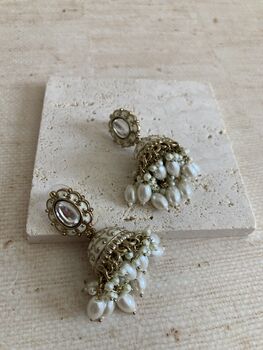 Antique Gold Pearl Jhumki Indian Earrings, 5 of 6