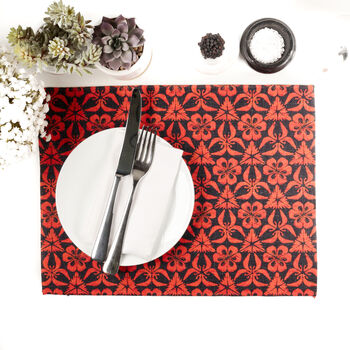 Red Orange Grey Hand Printed Canvas Place Mat Set, 8 of 12