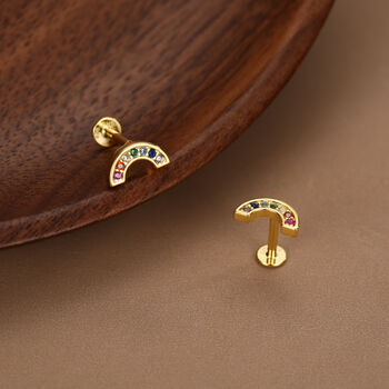 Sterling Silver Rainbow Cz 16 G Flat Back Labret Earrings, 2 of 12