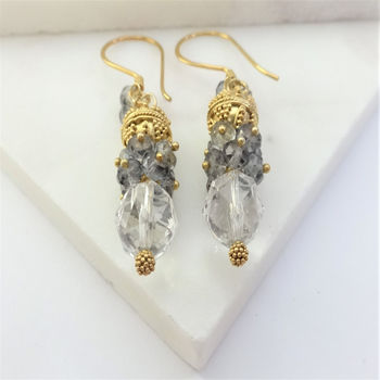 Bridal White Gray Topaz Cluster Gold Earrings, 2 of 4