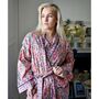 Block Printed Apricot, Navy And Persian Red Floral Cotton Dressing Gown, thumbnail 5 of 8
