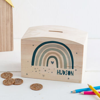 Personalised Blue Rainbow Money Pot Piggy Bank, 4 of 8