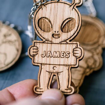 Personalised Space Themed Wooden Keyring | Astronaut, Rocket, Moon And Ufo Name Charm, 9 of 9