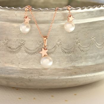 Rose Gold Plated Star And Pearl Necklace With Earrings, 6 of 10