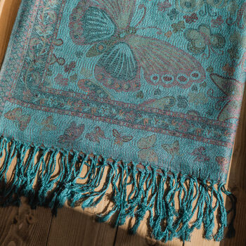 Turquoise Vintage Butterfly And Tassel Pashmina Scarf, 3 of 3