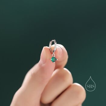 Tiny Emerald Green Cz Huggie Hoop In Sterling Silver, 7 of 10
