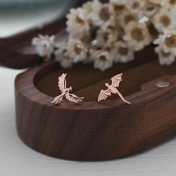 Extra Tiny Mismatched Dragon And Phoenix Stud Earrings In Sterling Silver, 6 of 12