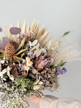 Dried Hydrangea Protea Bouquet With Palm Spear And Eucalyptus, 4 of 5