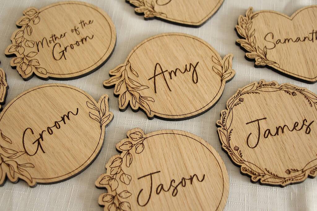 Personalised Wedding Guest Coasters – Engraved Oak Veneer Drink Mats For Guests And Favours, 1 of 6