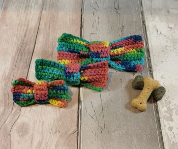 Hand Crocheted Rainbow Pet Bow Tie, Three Sizes, 4 of 6