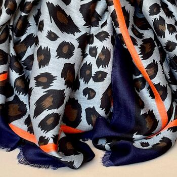 Leopard Print Scarf With Double Navy And Orange Border, 2 of 2