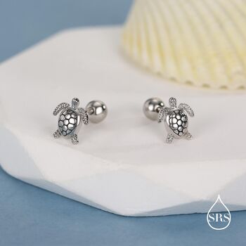 Sterling Silver Turtle Screw Back Earrings, 2 of 11