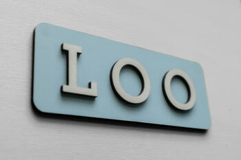 Loo Sign Pastel Blue, Bathroom Toilet Sign Birch Wood, 2 of 3