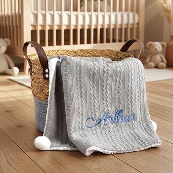Personalised Grey Knitted Blanket With Pom Pom, 2 of 10