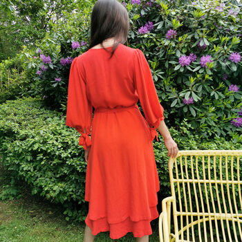 Anna Coral Red Linen Blend Wrap Dress, 7 of 7