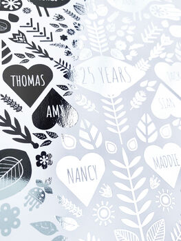 25th Silver Wedding Anniversary Foil Family Tree Print, 3 of 8