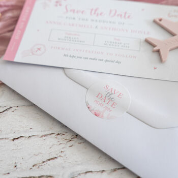 Pink Floral Wedding Boarding Pass Save The Date With Pink Acrylic Magnetic Plane, 4 of 4