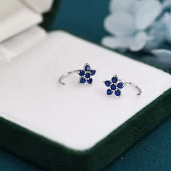 Tiny Sapphire Blue Forget Me Not Flower Cz Hoop Earrings, 7 of 11