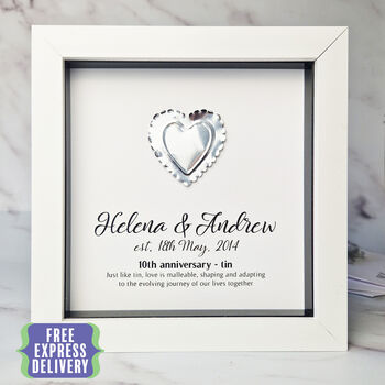 Personalised 10th Anniversary Gift Framed Tin Heart, 3 of 8