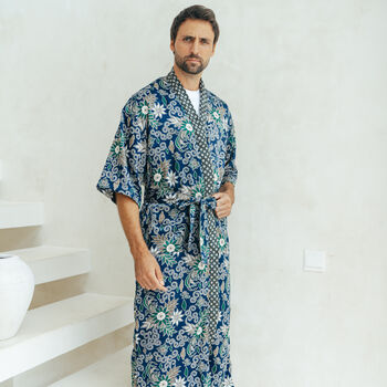 Men’s Full Length Kimono Robe In Blue, 2 of 5