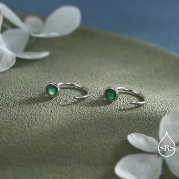 Sterling Silver Genuine Green Onyx Huggie Hoop Earrings, 4 of 11