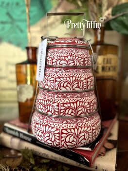 Traditional Tiffin Lunchbox With Four Compartments 'Paisley' Cherry Red, 3 of 4