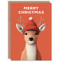 Cute Reindeer Calf Wearing Red Knitted Hat Christmas Card, thumbnail 1 of 4