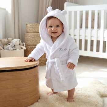 Personalised Soft Baby White Dressing Gown With Ears, 7 of 12
