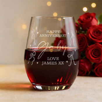 Bows And Hearts Happy Anniversary Stemless Glass With Red Heart Gift Set, 2 of 7