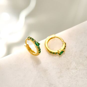 Sterling Silver Dainty Green Cz Huggie Hoop Earrings, 7 of 12