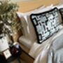 Modern, Oblong, Velvet, Ikat, Cushion With Black Silk Tassels Blue, Black And Silver Abstract Design, thumbnail 1 of 6