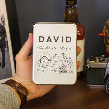 Personalised Mountain Campervan Hip Flask Tin Gift Set, 2 of 4