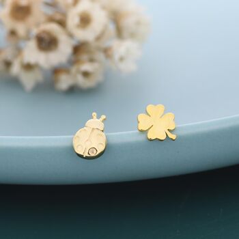 Sterling Silver Four Leaf Clover And Ladybird Stud Earrings, 5 of 12
