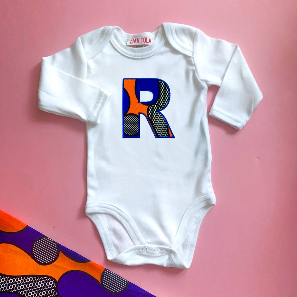 Personalised African Print Letter Baby Bodysuit Sleeves, 1 of 5