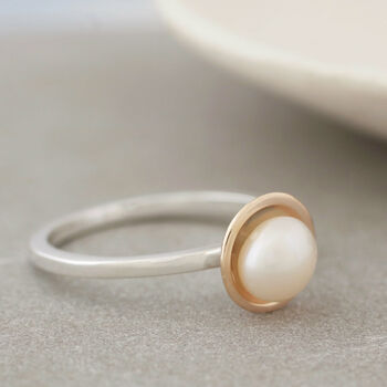 Silver And 9ct Gold Pearl Ring. Dainty Stacking Ring, 8 of 10