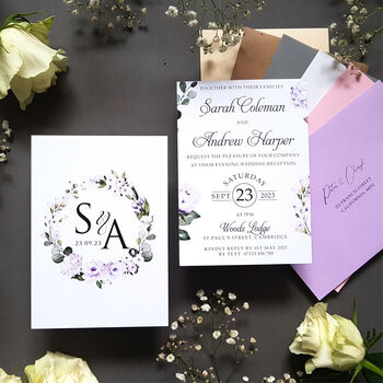 Blush, Blue Or Lilac Wedding Invitation Sample, 10 of 12