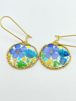Pressed Blue Flowers Dangle Earrings Silver Or Gold, 5 of 11