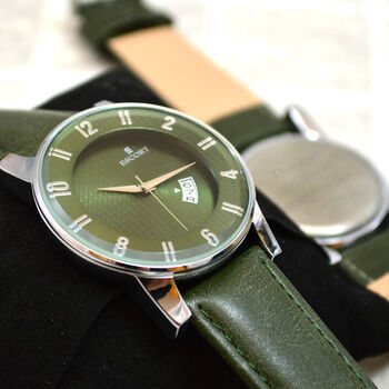 Personalised Men’s Green Leather Engraved Wrist Watch, 3 of 6