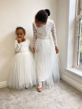 Long Sleeve Lace Flower Girl Dress – Heart Back Tulle Dress For Communion And Christening UK Handmade, 6 of 9