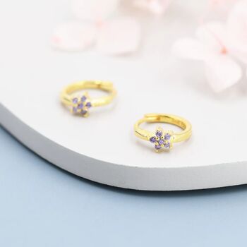 Amethyst Purple Cz Flower Huggie Hoop Earrings, 2 of 9