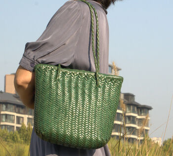 Hand Woven Genuine Leather Shopping Tote Bag, 9 of 12