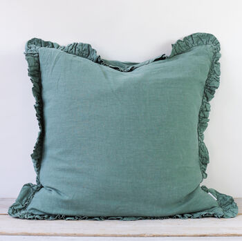 Sea Green Linen Ruffle Cushion, 2 of 2