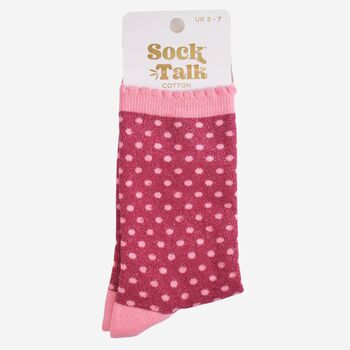 Women's Glitter Socks Berry Pink Small Polka Dots, 5 of 5